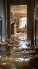 Poster - Flooded hallway in an old house.