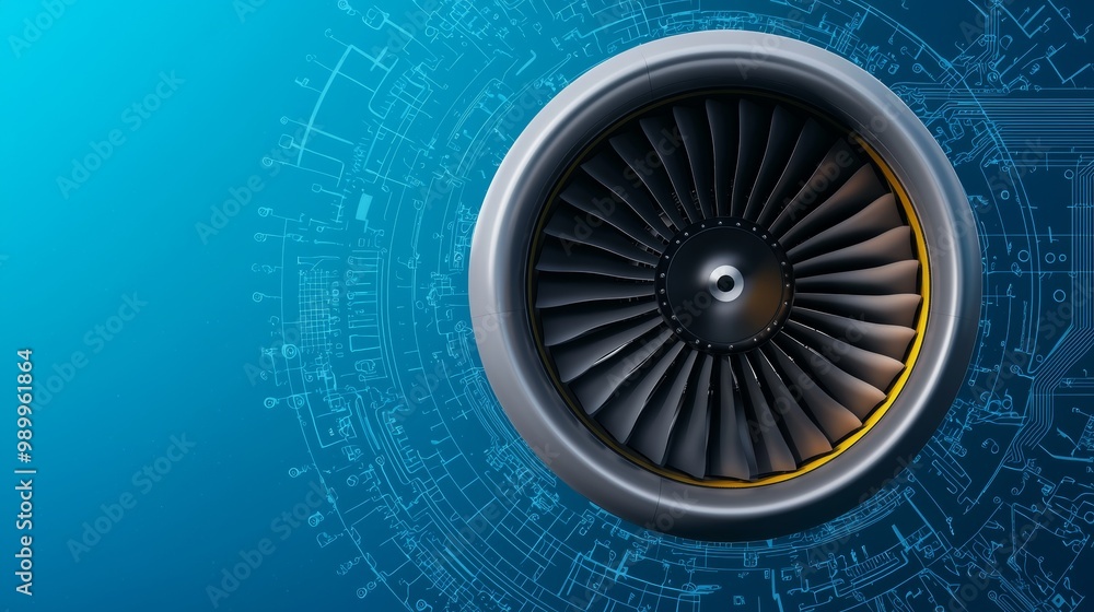 Jet engine turbine with digital blueprint overlay, symbolizing ...