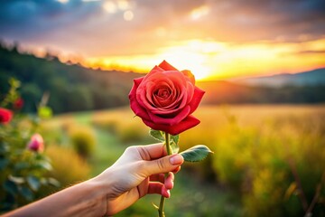 Romantic gesture with a beautiful rose held delicately in hand against a soft blurred background