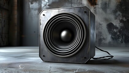 Industrial Iron Speaker Against a Black Abstract Texture with Hexagonal Light Grills