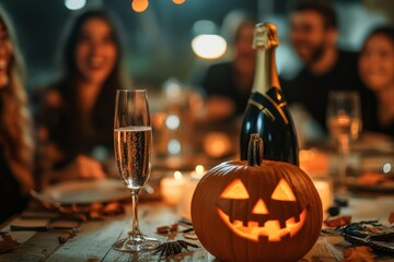 Halloween party, pumpkin and champagne bottle on a table with a group of friends having fun in the background