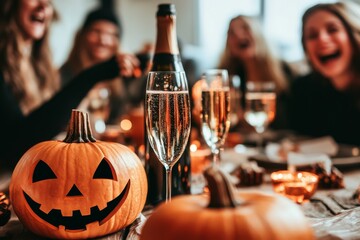 Wall Mural - Halloween party, pumpkin and champagne bottle on a table with a group of friends having fun in the background