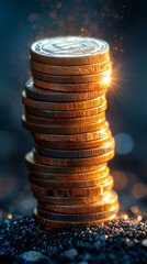 Wall Mural - A tall stack of gold coins shimmering in the light.