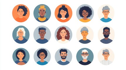 Wall Mural - a set of circular avatar illustrations representing diverse people. Each avatar features a mix of skin tones, hairstyles, and clothing choices