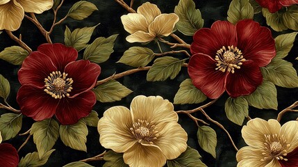 Poster - Red and Gold Flowers with Green Leaves on Black Background