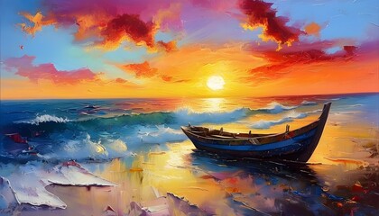 Abstract sunset painting featuring boats on a beach, showcasing vibrant acrylic artwork and artistic elements in the background.