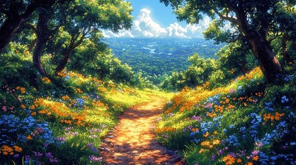 Sticker - Sunny Forest Path with Colorful Wildflowers and Mountain View