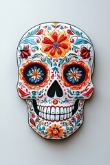 Colorful sugar skull design on gray, celebrating cultural traditions.