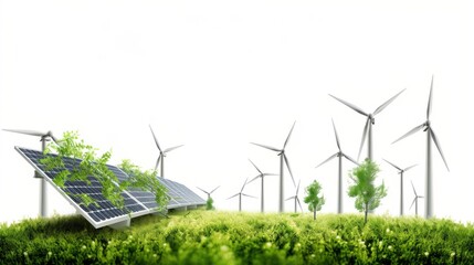 A field of wind turbines and solar panels