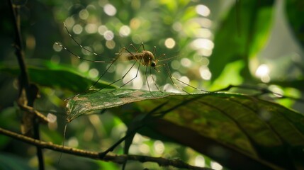 Close-up of mosquito resting on leaf in tropical forest, emphasizing its role in transmitting viruses, shallow depth of field.