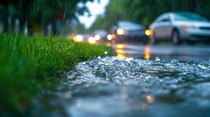 Wall Mural - Close-up of water flowing from the street after heavy rain, trees and cars in the background