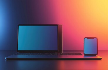 3d rendering of laptop and phone mockup on dark background with gradient light