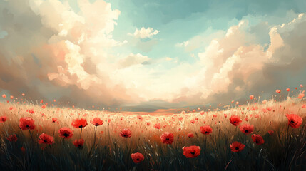 Illustration, poppies in a vast field, color field painting style with large blocks of vibrant red and green, soft abstract background blending into the horizon, diffused natural light