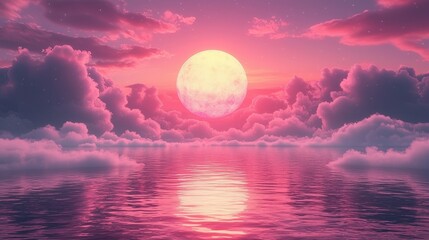 Wall Mural - Pink Sky  Full Moon  Clouds  Ocean  Sunset  Stars  Reflection