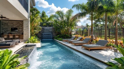 Outdoor pool area with a tropical garden, water feature, and luxury lounge seating.