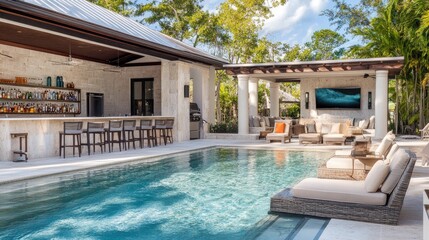 Pool area with a swim-up bar, clear blue water, and poolside seating.