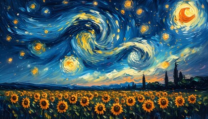 Wall Mural - Captivating depiction of a serene night sky filled with twinkling stars alongside Van Goghs iconic sunflowers under a starlit canvas