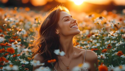 Wall Mural - Joyful woman celebrating natures beauty in a vibrant flower field at sunset, embracing happiness, freedom, and the essence of outdoor living