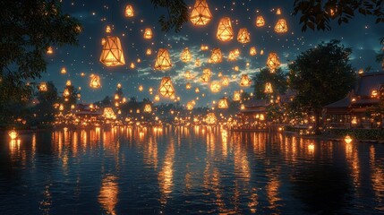 Magical Night Sky with Floating Lanterns Over Calm Water