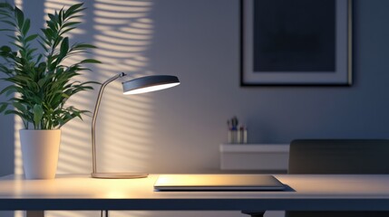 Wall Mural - Sleek desk lamp with a minimalist design, casting a soft glow in a modern office.