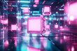 © Sekai - Floating metallic cubes reflecting neon light in a cyberpunk-inspired space, creating a visually striking and technologically advanced abstract composition