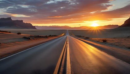 Wall Mural - Journey Begins: An Open Road Through a Desert at Sunset Symbolizing New Adventures