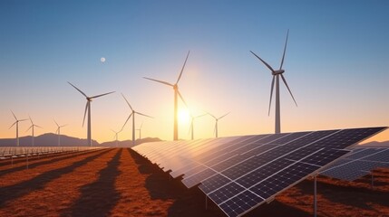 A field of wind turbines with the sun setting in the background