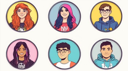 Wall Mural - a set of avatars showing students from various backgrounds in circular frames. One student has long wavy hair and is wearing a graphic t-shirt, another wears a traditional uniform