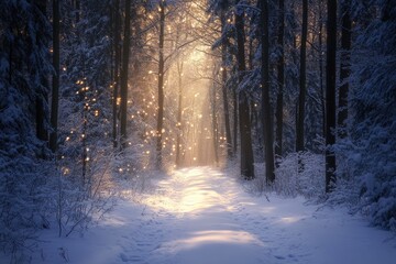 Poster - A Path Through a Snowy, Enchanted Forest at Sunset