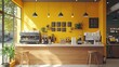 © BOJOShop - Modern Coffee Shop Interior with Yellow Walls and Wooden Counter