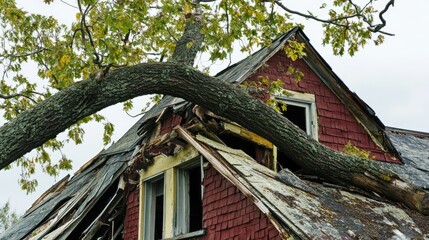 A broken tree leaning over a heavily damaged house roof, symbolizing the need for disaster insurance