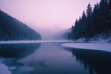 Poster - Frozen Lake Surrounded by Snowy Pine Forests at Twilight