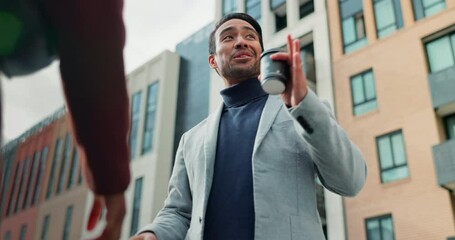 Canvas Print - Professional, people and happy with handshake in city for welcome, greeting or introduction. Low angle, HR meeting and employee shaking hands at business park for recruitment, respect or consultation