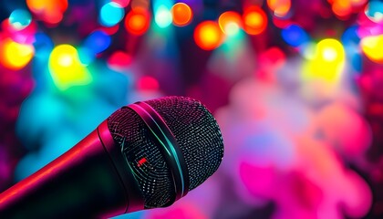 Wall Mural - Vibrant Close-Up of Dynamic Microphone Under Colorful Lights and Smoke, Capturing the Energy of Live Performances and Nightlife Scenes