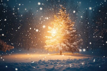 Canvas Print - Illuminated Pine Tree in a Snowy Winter Forest at Night