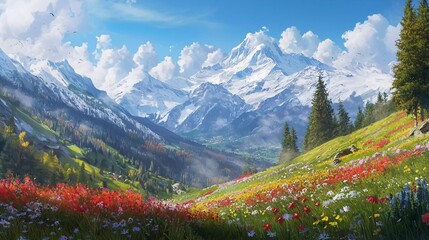 Idyllic mountain landscape in the Alps with beautiful blooming meadows in springtime