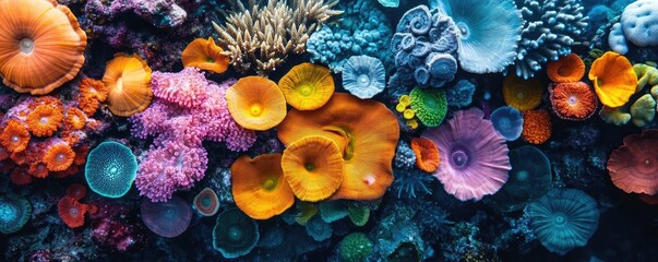 Birds-eye view of vibrant coral reefs morphing into an exquisite gourmet dish, macro photography details showcasing textures