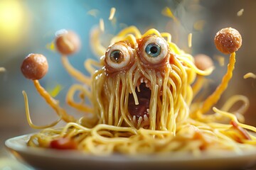 A lighthearted take on a flying spaghetti monster with Halloween-inspired edible components.