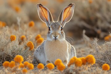 Wall Mural - Black-tailed Jackrabbit in a Field of Flowers