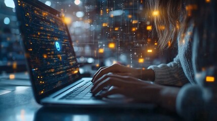 Wall Mural - woman working on a laptop computer with a virtual interface displaying a privacy lock icon emphasizi
