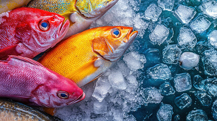 Fresh fish on ice at the market. Variety of raw fresh fish. Sale of sea fish. Fresh fish in a fish shop.