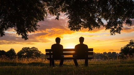 Two young men sitting on a bench, watching the sunset.