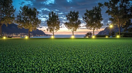 Poster - Scenic Sunset Landscape with Green Grass  Trees  and Sea View