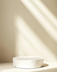 Aufkleber - Minimalist Marble Podium on Beige Background with Radiant Light Beams – Perfect for Product Mockups