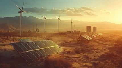 Wall Mural - Wind Turbines and Solar Panels in a Desert Landscape at Sunset