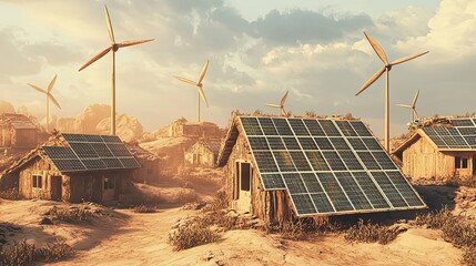 Wall Mural - Rural Village Powered by Solar Panels and Wind Turbines
