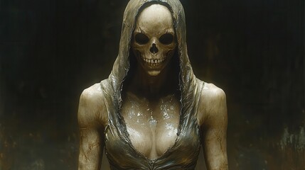 Woman with Skull Face in Dark Hood