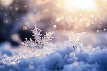 Sticker - A Single Snowflake in a Snowy Landscape with Golden Bokeh