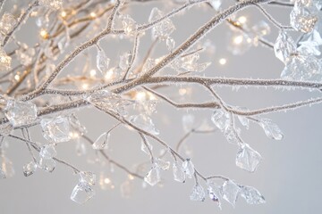 Wall Mural - Frosted Branches with Crystal Ornaments and Blurry Lights