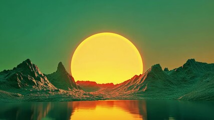 Wall Mural - large yellow sun setting behind mountains reflected on water. green screen background for easy chrom